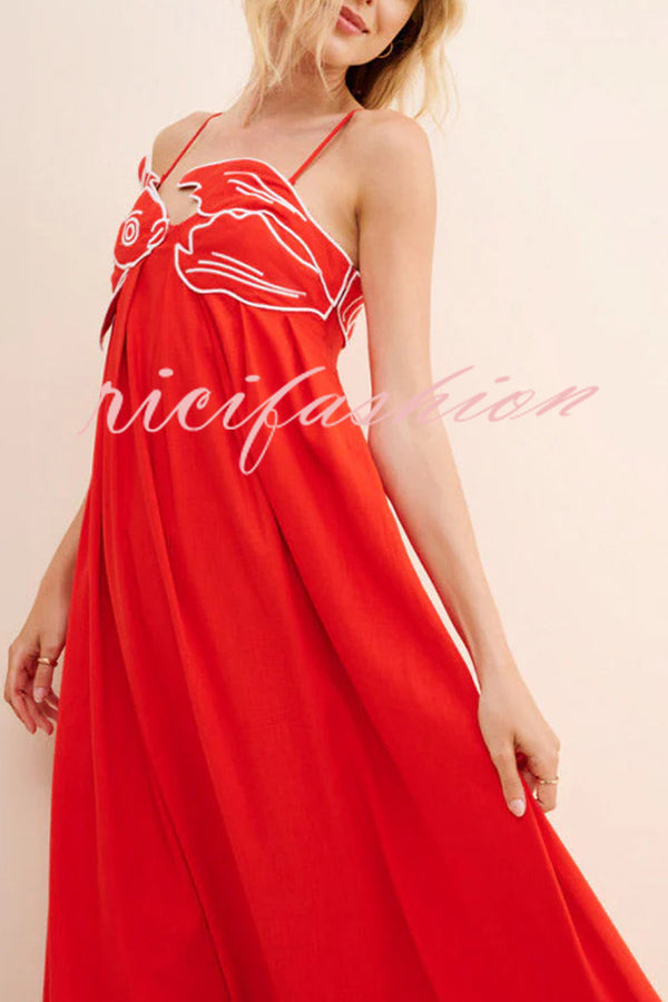 Red Fish Embroidered Sling Backless Maxi Dress