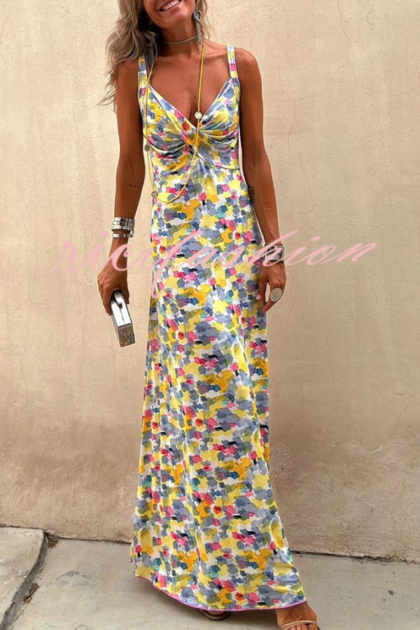 Flora Watercolor Print Crossover Neck Wide Straps Stretch Maxi Dress