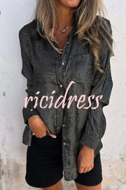 First and Fabulous Metallic Fabric Button Up Long Sleeve Loose Blouse