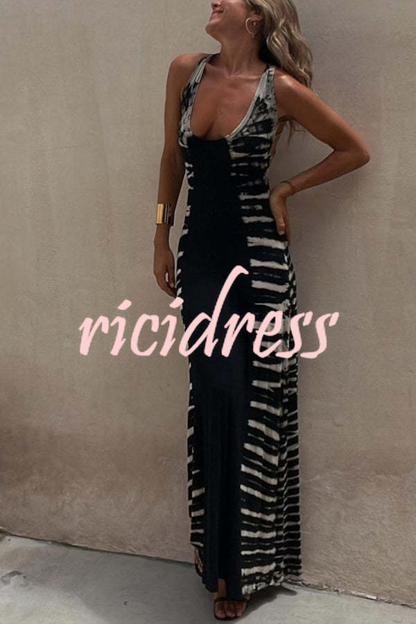 Tie-dye Print Back Lace-up Stretch Maxi Dress