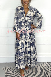 Botanical Print Casual V-neck Trumpet Sleeve Maxi Dress