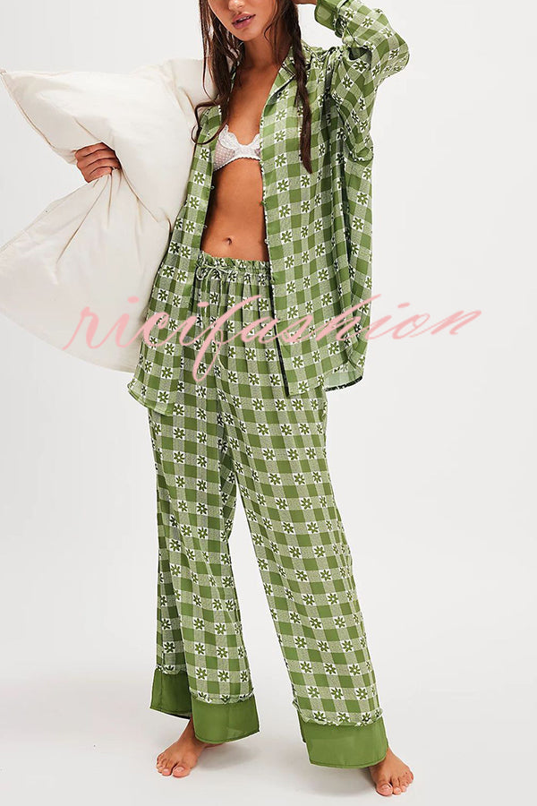 Unique Printed Lounge Long-sleeved Shirt and Elastic Waisted Baggy Pants Set