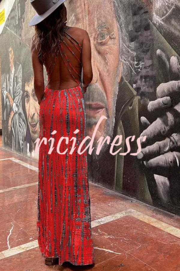 Modern Day Tie-dye Print Back Lace-up Stretch Maxi Dress