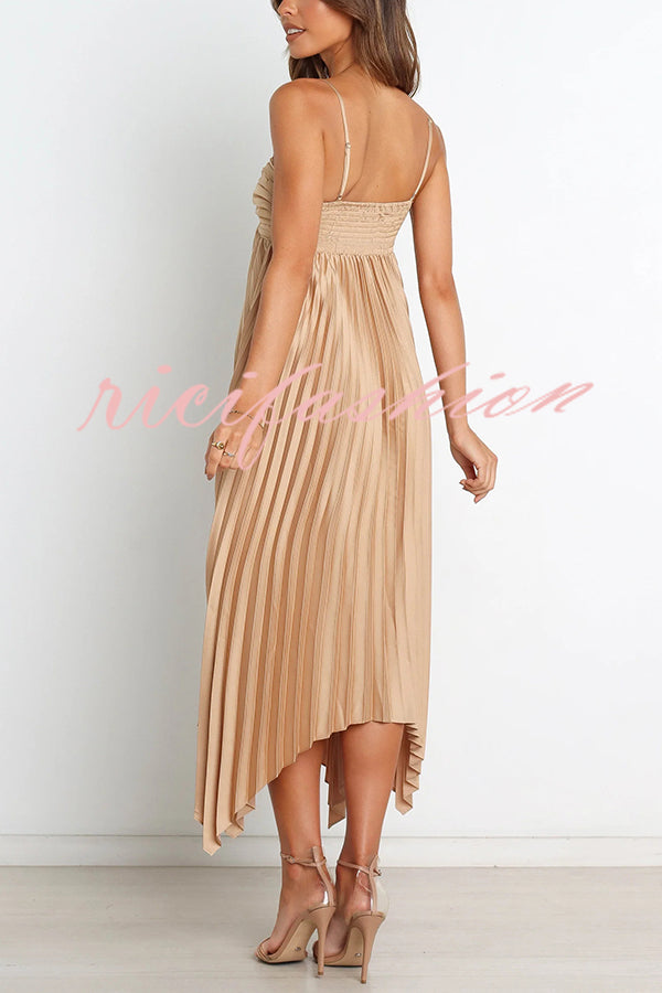 Solid Color Sexy Suspender Pleated Irregular Midi Dress