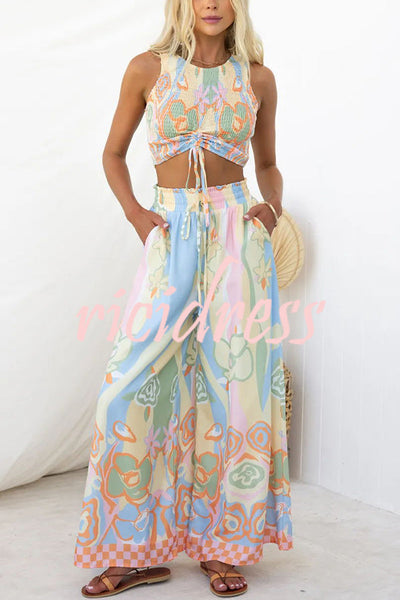 It's Your Vacation Floral Print Elastic Drawstring Waist Pocket Wide Leg Pants