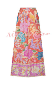 Painter's Garden Boho Floral Print  Elastic Waist Pocketed Wide Leg Pants