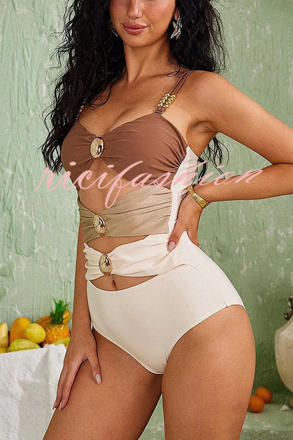 Color Block Patchwork Hollow Metal Decorative Stretch One-piece Swimsuit