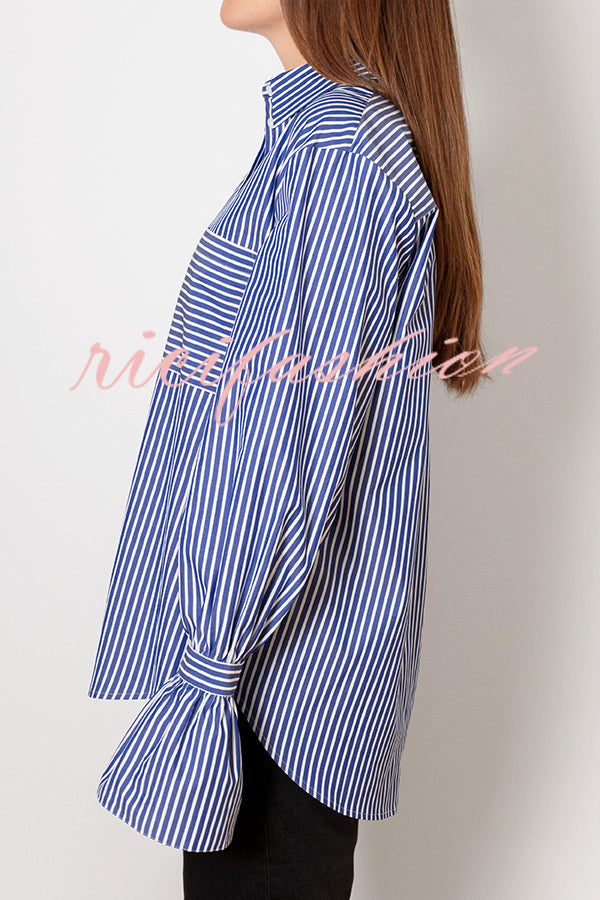 Striped Print Ruffled Long Sleeve Pockets Loose Shirt