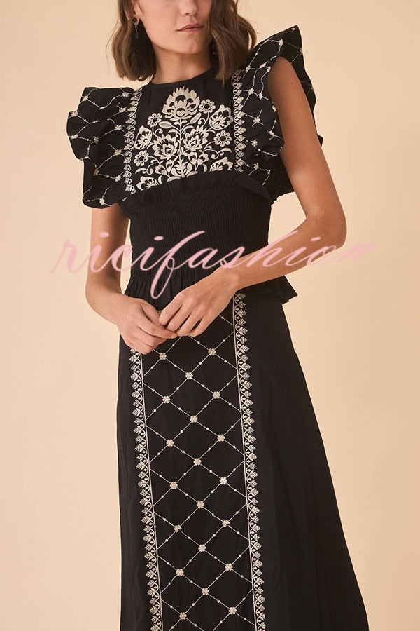 Kyoho Ethnic Unique Print Smocked Top and High Waist Midi Skirt Set