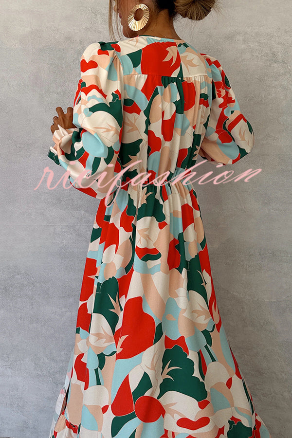 Colorful Printed V-neck Waist High Slit Ruffled Maxi Dress