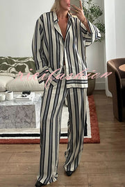 Lifetime of Happiness Striped Long Sleeve Loose Shirt and Elastic Waist Pocket Pants Set