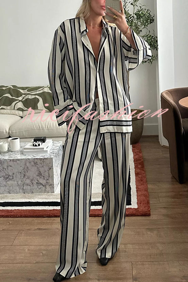 Lifetime of Happiness Striped Long Sleeve Loose Shirt and Elastic Waist Pocket Pants Set