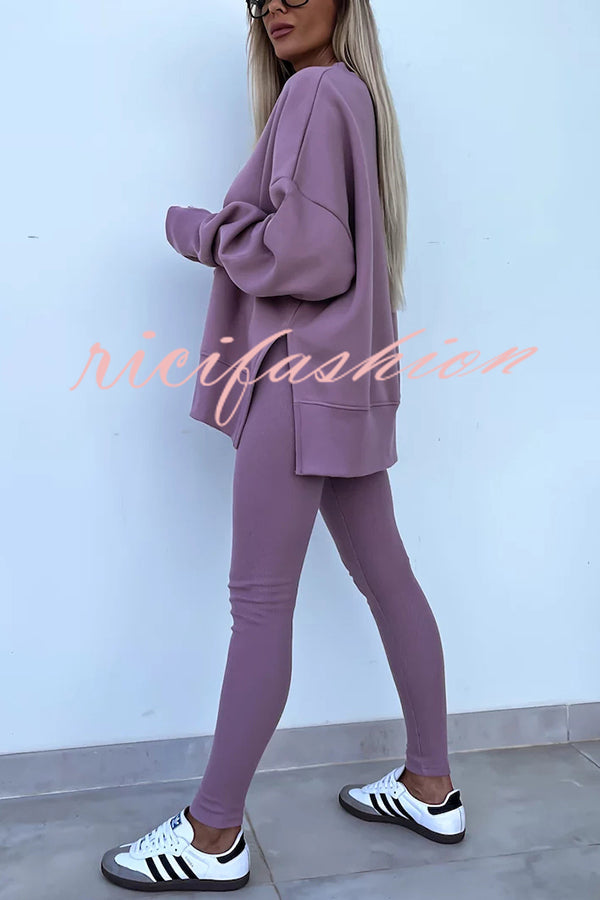 Solid Color Loose Long Sleeve SlitSweatshirt and Elastic Waist Tight Pants Set