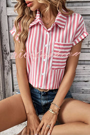 Striped Print Short Sleeve Pocket Shirt Top