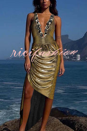 Solid Color Shiny Fabric Deep V Metal Embellished Stretch One-piece Swimsuit