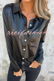 Holiday Look Solid Metallic Loose Pocket Button-down Blouse