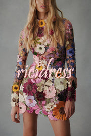 Elegantly Enchanted Floral Applique Backless Long Sleeve Mini Dress