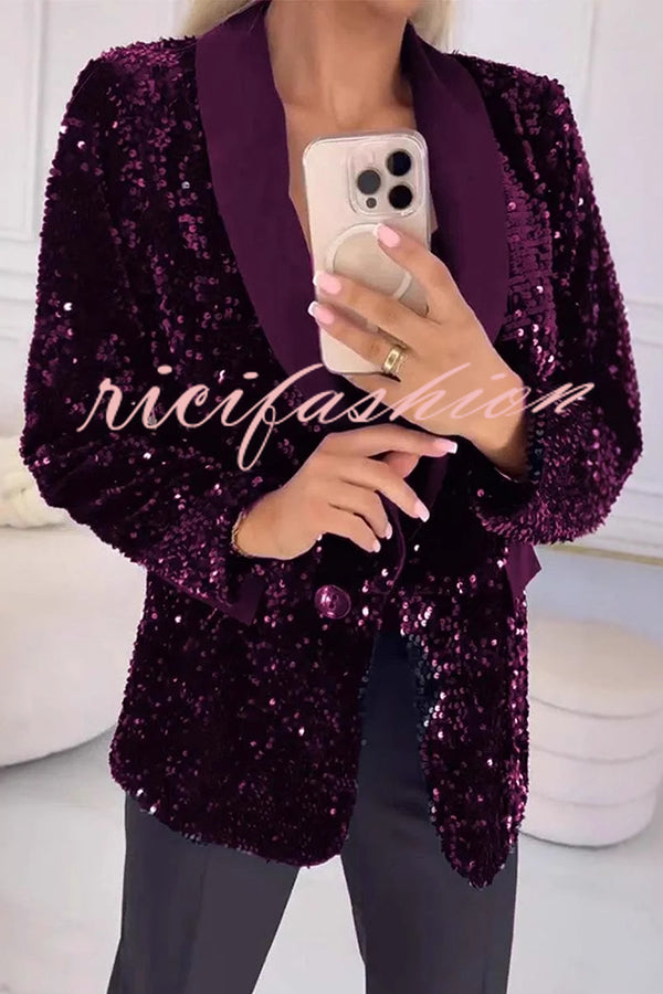 Fashion Sequin Lapel Long Sleeve Casual Blazer