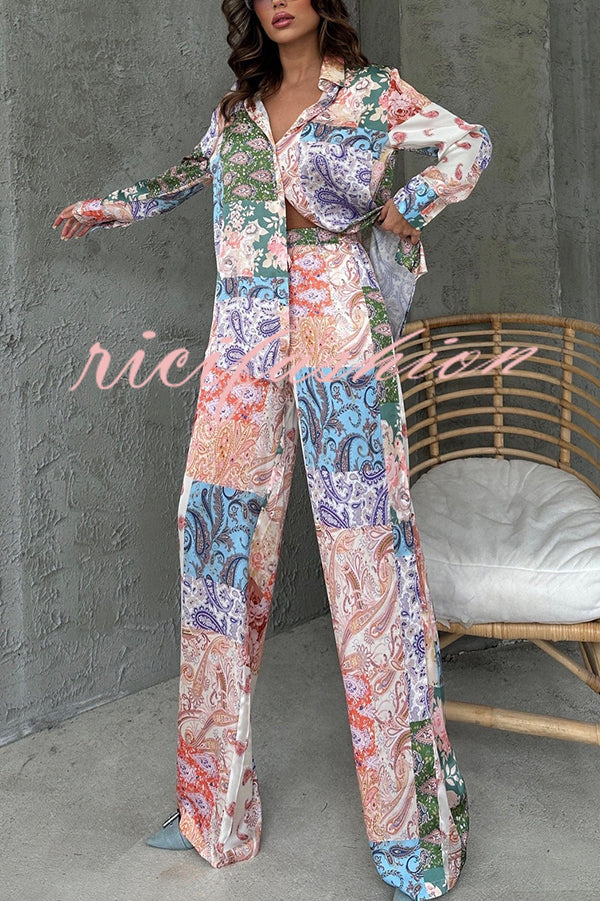 Unique Ethnic Print Long-sleeved Shirt and Elastic Waist Pants Set