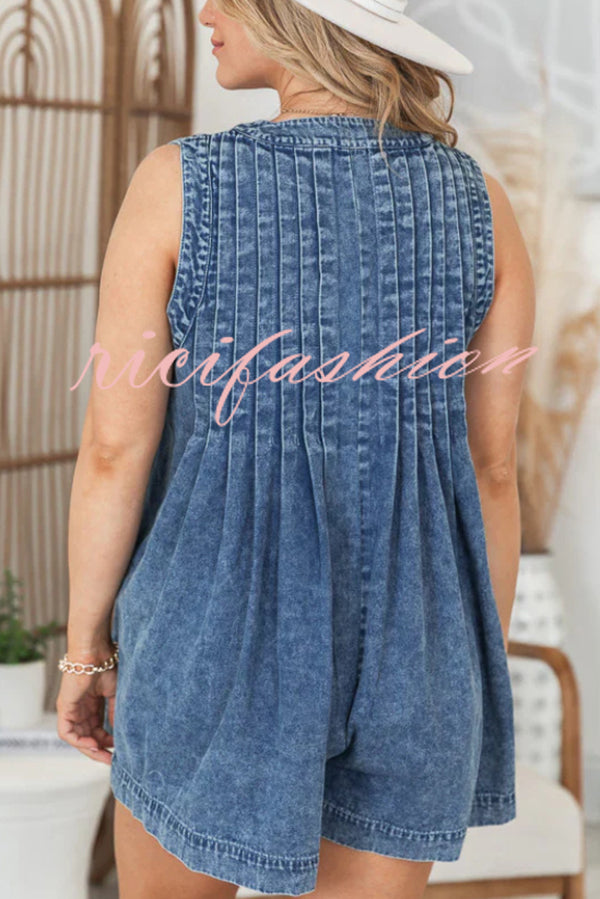 Downtown Daze Denim Pleated Tie-up Pocketed Loose Romper