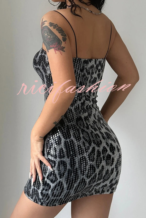 Leopard Print Sequin Sexy Sling Slim Fit Mini Dress