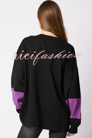 Halloween Letter Sequined Color Block Loose Casual Sweatshirt