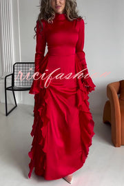 Cline Solid Color High Neck Long Sleeve Elegant Ruffles Maxi Dress