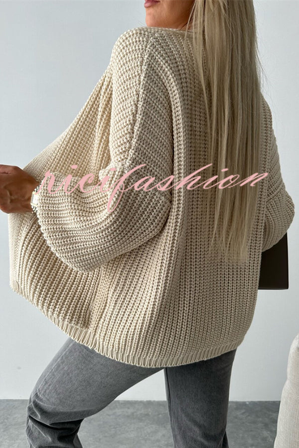 Solid Color V-neck Long-sleeved Casual Knitted Cardigan