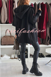 Solid Color Loose Pocket Hooded Long Sleeve Jacket