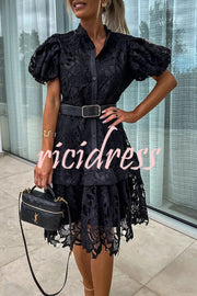 Absolutely Elegant Floral Crochet Lace Puff Sleeve Belted Shirt Midi Dress