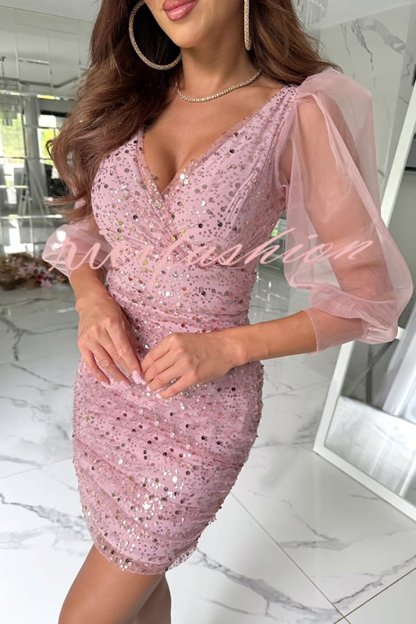 Lost in Your Eyes Mesh Sequin Balloon Sleeve Ruched Stretch Party Mini Dress