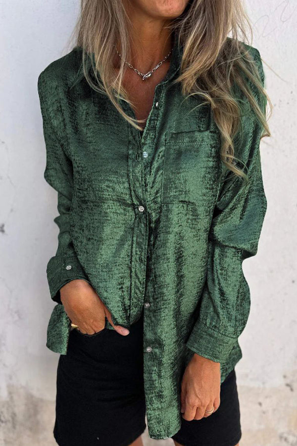 First and Fabulous Metallic Fabric Button Up Long Sleeve Loose Blouse