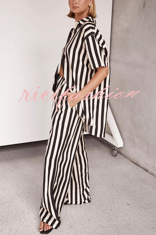 Erika Striped Casual Shirt and Elastic Waist Pocket Wide Leg Pants Set