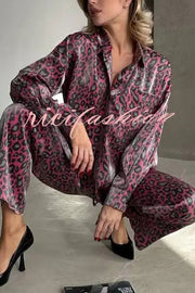 Leopard Print Long-sleeved Casual Top and Loose Elastic Waist Tie Pants Set