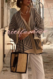 Comfortable and Effortless Striped Long Slit Sleeve Button Relaxed Loose Blouse