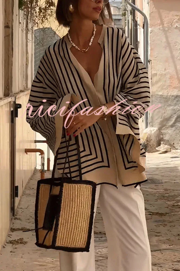 Comfortable and Effortless Striped Long Slit Sleeve Button Relaxed Loose Blouse