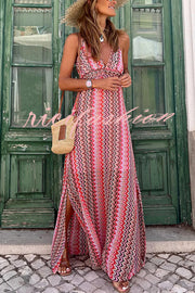 Bohemian Print V-neck Open Back Slit Maxi Dress