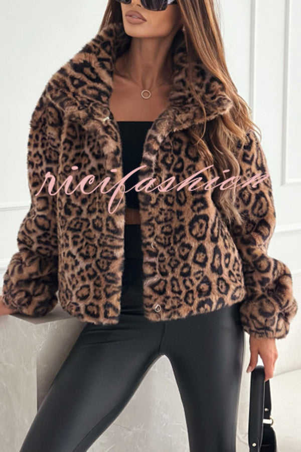 Stylish Leopard Print Lapel Long Sleeve Short Coat