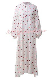 Cute Heart Print Puff Sleeve Loose Shirt Style Maxi Dress