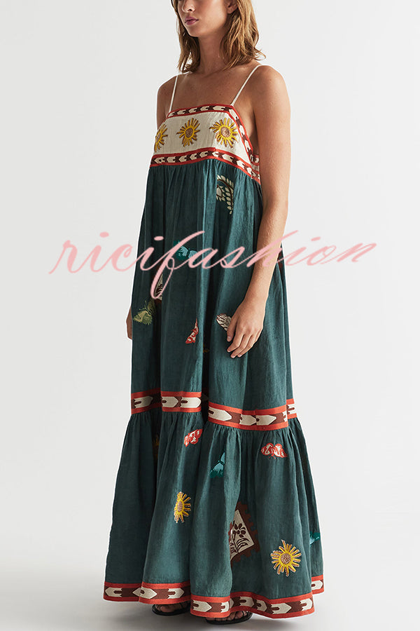 Unique Printed Sexy Suspender Backless Large Hem Maxi Dress