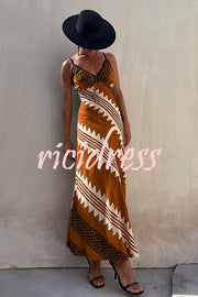 Always Falling Satin Ethnic Print Smocked Back Midi Dress