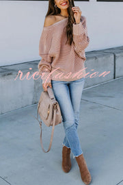 Knitted Striped Round Neck Dolman Sleeve Casual Loose Sweater