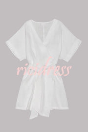 Breezy Retreat Cotton Linen Blend Pocketed Belt Kimono Mini Dress