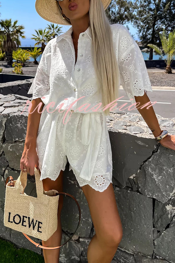 Elegant and Chic Embroidered Lace Flowers Button Up Belted Loose Shirt Romper