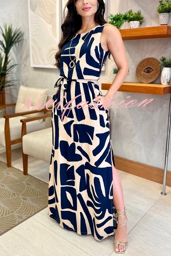 Unique Printed Sleeveless Slit Lace Up Waist Pocket Maxi Dress