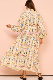 Country Cutie Unique Print Long Sleeve Belted Pocket Shirt Maxi Dress