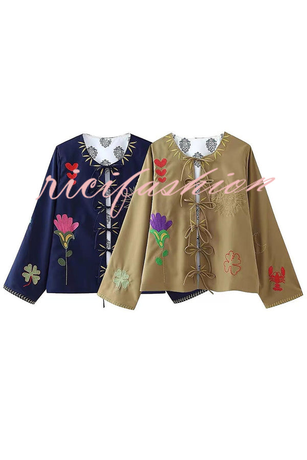 Fashionable Embroidered Lace-up Long-sleeved Loose Top