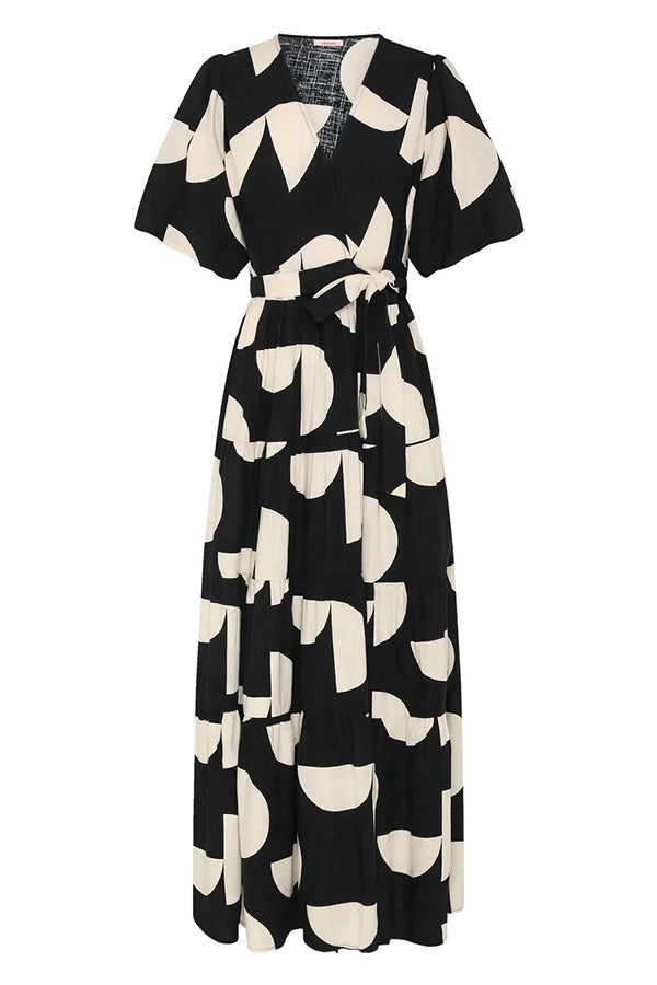 Unique Printed V-neck Puff Sleeves Tie Waist Midi Dress