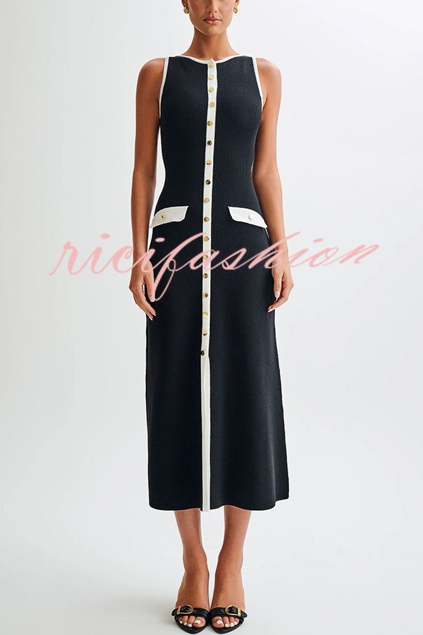 Elegant Slim Fit Crew Neck Buttoned Sleeveless Knit Midi Dress