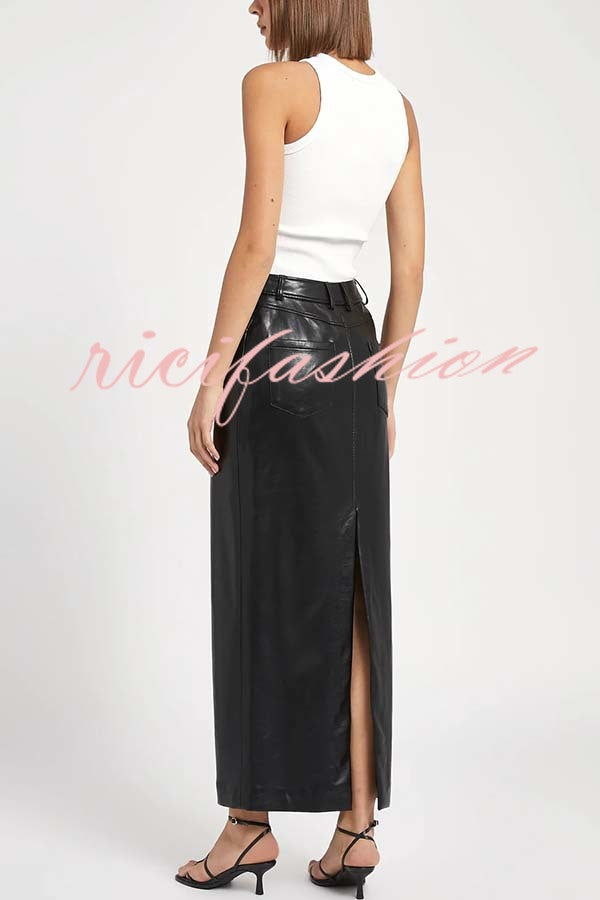 Classic Feel Faux Leather Mid Rise Pocket Slit Stretch Maix Skirt